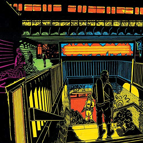 Stylized illustration of figures in a brightly colored, urban stairwell scene.