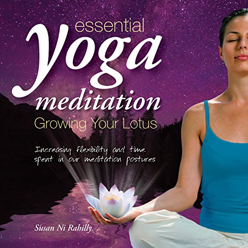 Woman meditating with a lotus flower, against a starry purple background, on a yoga CD cover.
