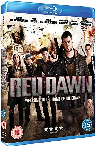 “Red Dawn” Blu-ray cover featuring young adults with weapons in a war scene.