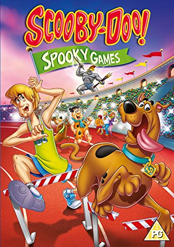 "Scooby-Doo and friends running on a track, with a ghost in the background."