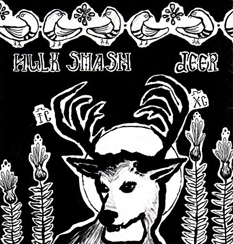 Black and white illustration of a deer with birds and text.