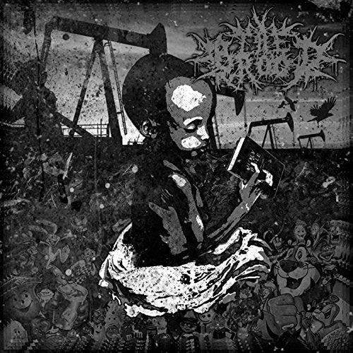 Black and white album cover with a distressed figure and oil pumps.