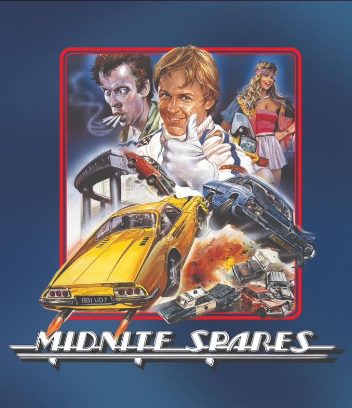 Midnite Spares" Blu-ray cover featuring cars, explosions, and three smiling people.