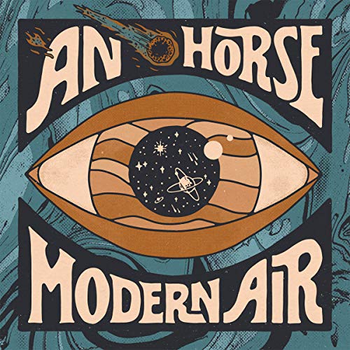 "Album cover with an eye containing a galaxy, on a blue swirly background."