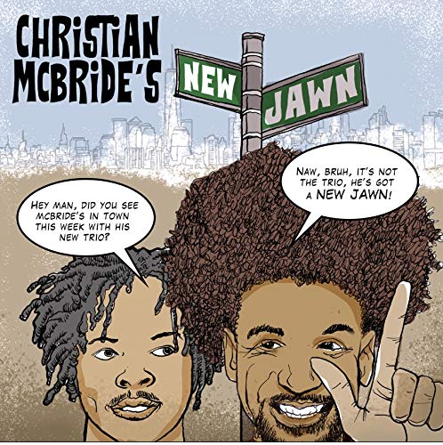 "Album cover with cartoon men and 'New Jawn' street signs, Christian McBride's name."
