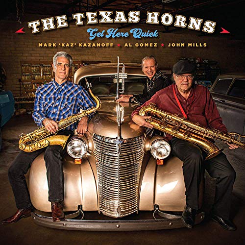 "Album cover featuring three men with saxophones on a vintage gold car."