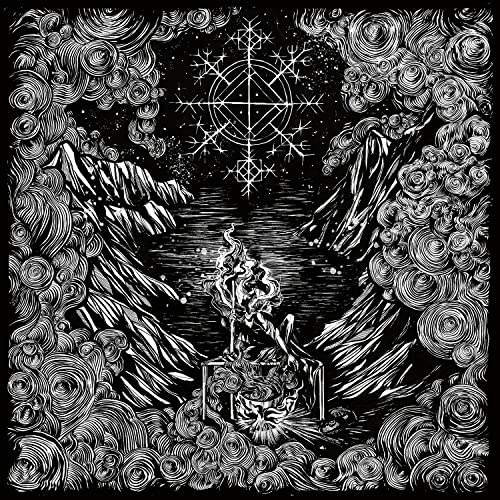 Black and white engraved illustration of mountains, fire, and symbolic shapes.