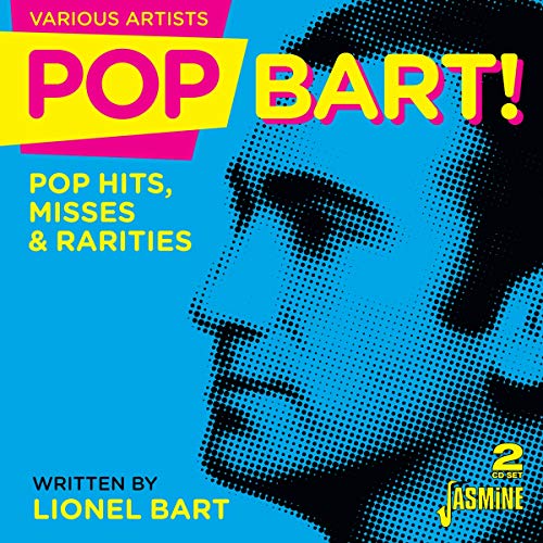 "Album cover with halftone portrait and colorful text on blue background."