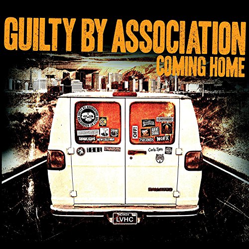 Album cover featuring a white van with stickers against a city skyline background.