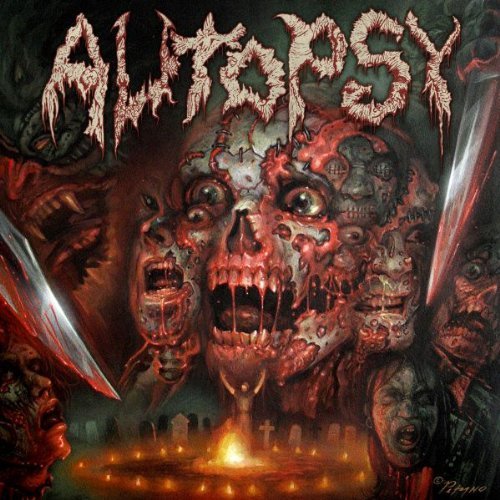 "Album cover art featuring a grotesque, multi-faced skull with daggers and a graveyard scene."