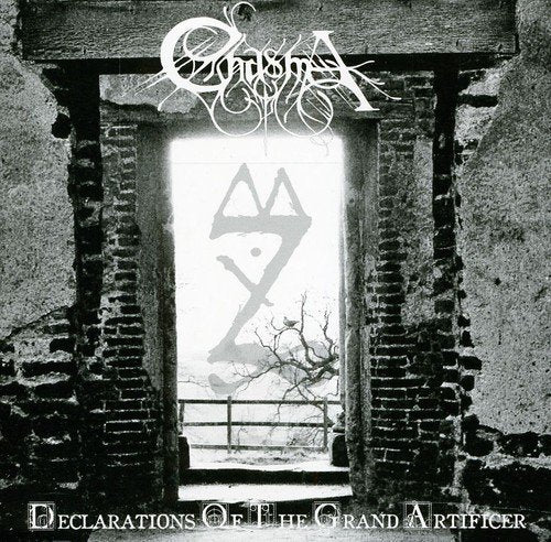 Black and white CD cover with ornate text and a symbol in a doorway.