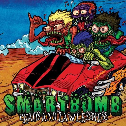 Cartoon monsters ride a red car, album cover for "Smartbomb.