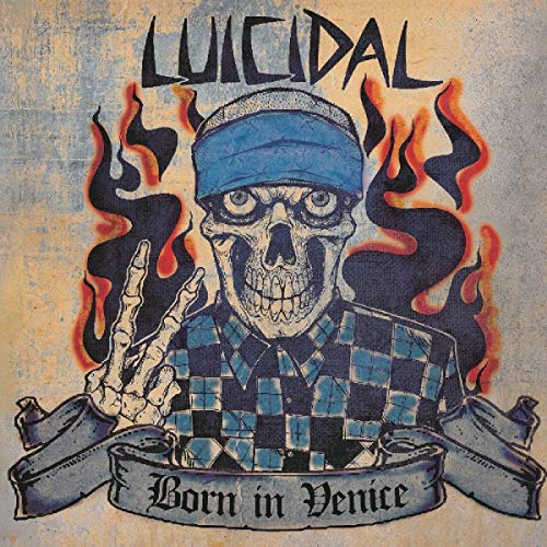 Album cover featuring a skeleton in a blue checkered shirt and bandana surrounded by flames.