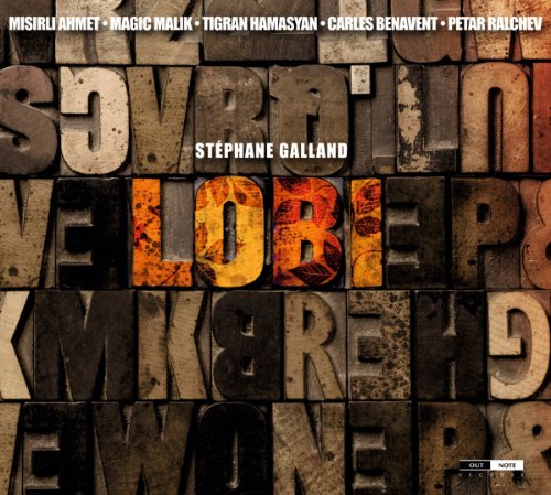 "Album cover with 'Lobi' in large, distressed letters and artist's name, Stephane Galland."