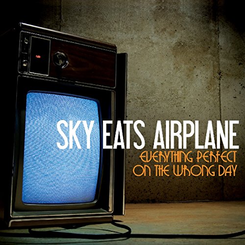 "Vintage television with static screen and album title 'Sky Eats Airplane' on a concrete background."