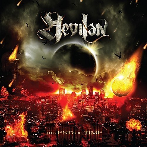 Apocalyptic album cover with fiery city, eclipse, and band name "Hevilan".
