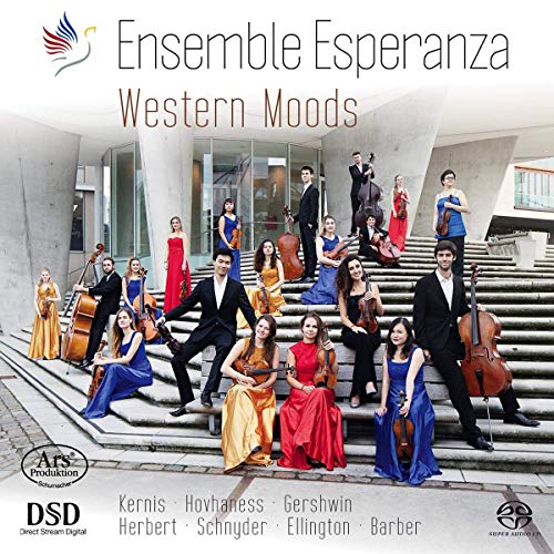 "CD cover featuring Ensemble Esperanza musicians on stairs, formal attire, with instruments."