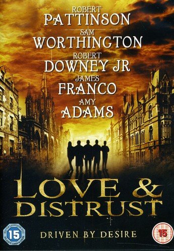 The image is a DVD cover for "Love & Distrust". #### Alt Text DVD cover with silhouetted figures and cityscape, titled "Love & Distrust" in gold.