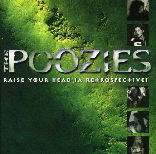 "Green textured album cover with 'The Poozies' title and four small black-and-white portraits."