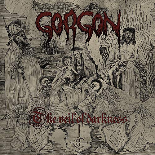 "Gorgon's album cover, 'The Veil of Darkness', featuring a dark, gothic illustration."
