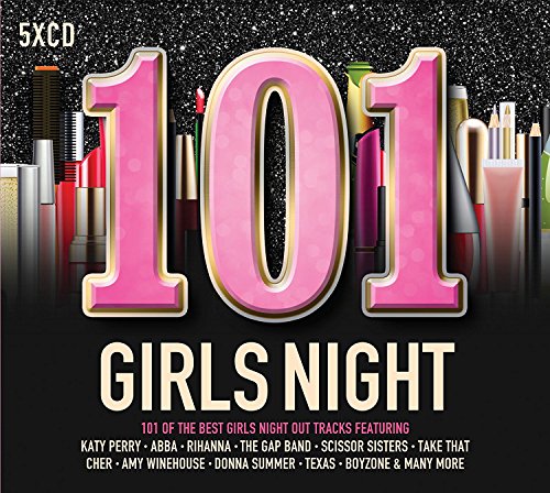 "CD cover with '101 Girls Night' in pink and beige text, surrounded by makeup."