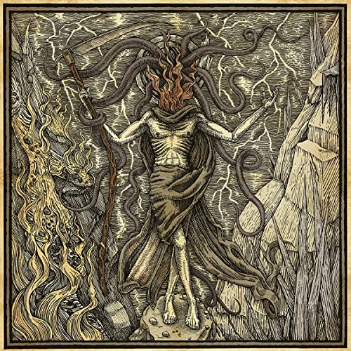 Sketch of a skeletal figure with fiery hair and many tentacles.