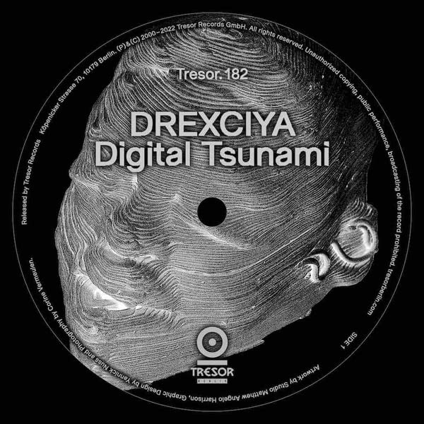Black vinyl record label for Drexciya’s “Digital Tsunami” with abstract art.
