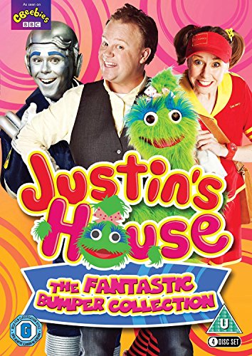 DVD cover featuring Justin Fletcher, a silver robot, a woman, and a green puppet.