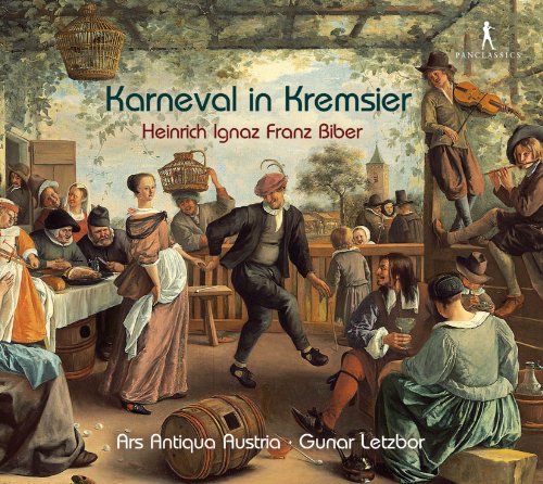 "CD cover featuring a lively 17th-century tavern scene with people dancing and playing music."