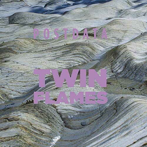 "Album cover with 'POSTDATA' and 'TWIN FLAMES' in purple text on a textured, gray background."