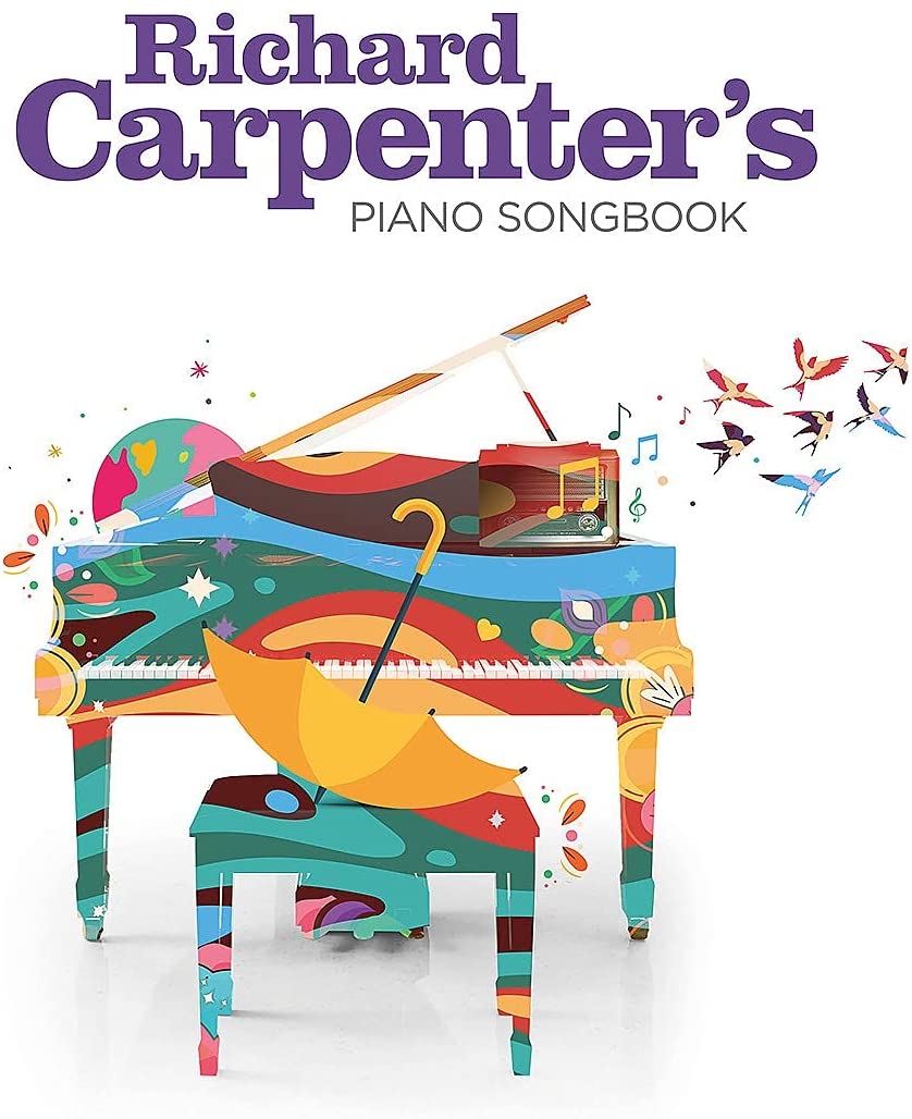"Album cover featuring a colorful, decorated piano with umbrella and musical notes."