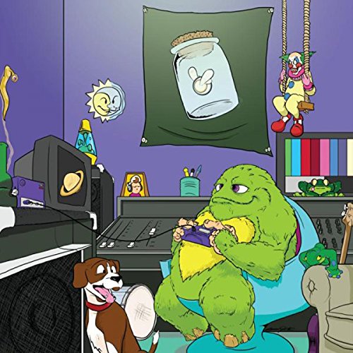 Purple vinyl record with cartoon cover art featuring a green monster in a studio.