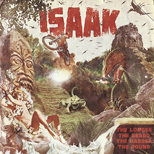"Album cover art with fantastical scene, motorcyclist, and creatures, titled 'Isaak - The Longer The Beard The Harder The Sound'."