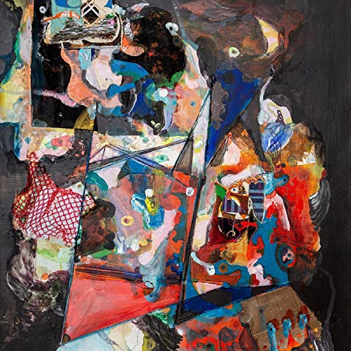 Abstract painting with layered shapes and vibrant colors, album cover art.