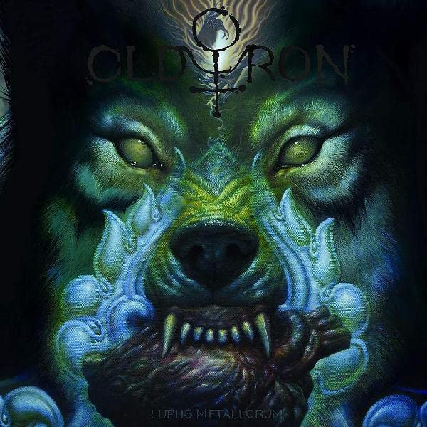 Wolf portrait with glowing eyes and symbols, album cover art.