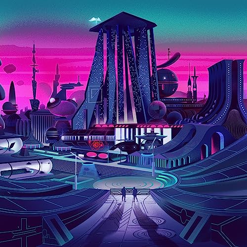 Futuristic city illustration with purple and teal hues, two figures silhouetted.
