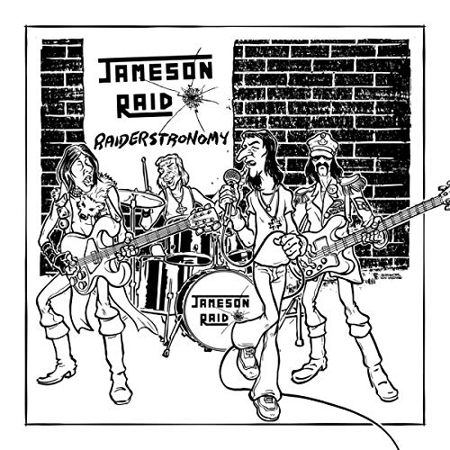 Black and white cartoon of a four-piece rock band performing.
