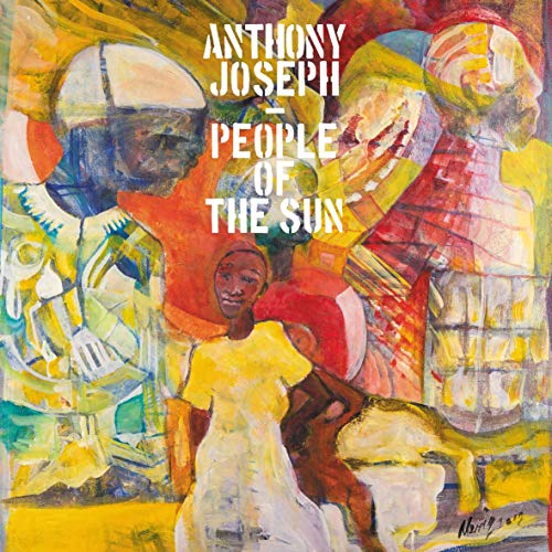 "Vinyl album cover with abstract painting of people, titled 'People of the Sun'."
