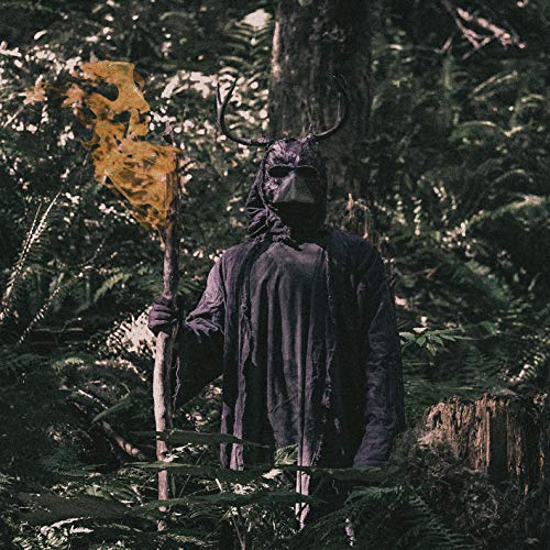 A person in a dark robe and mask holding a torch in a forest.