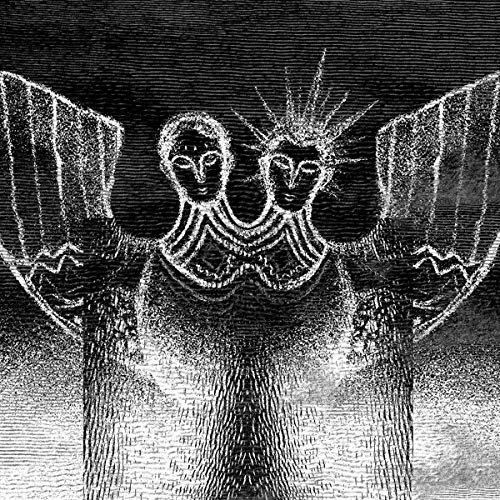 Black and white illustration of two figures with radiating halos.