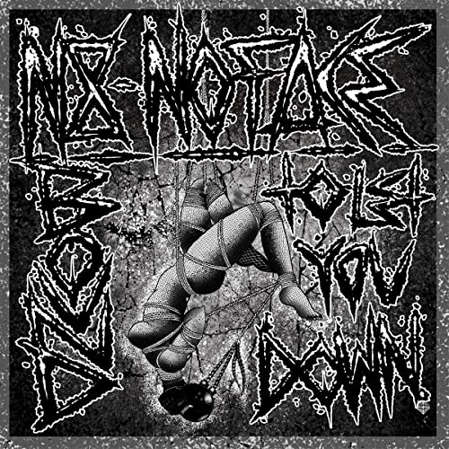 Black and white album cover with distorted text and a suspended figure.