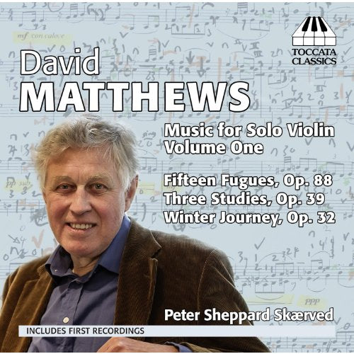 CD cover featuring portrait of composer David Matthews with musical score background.