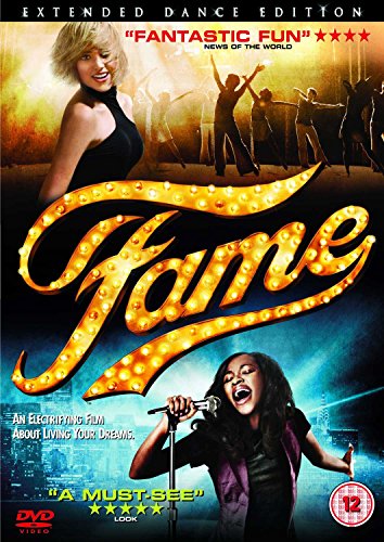 DVD cover for "Fame" featuring dancers and singers, bright lights.