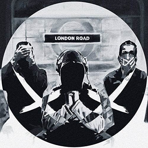 "Black and white album cover with three masked men and 'London Road' sign."