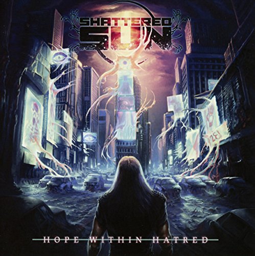 Album cover art: a person stands amidst destruction, looking at a cityscape with glowing skyscrapers.