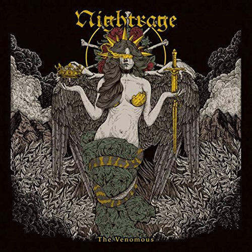 "Album cover art featuring a multi-armed female figure with wings and swords."