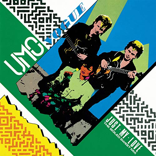 "Vinyl record cover with two men playing guitars, colorful abstract background."