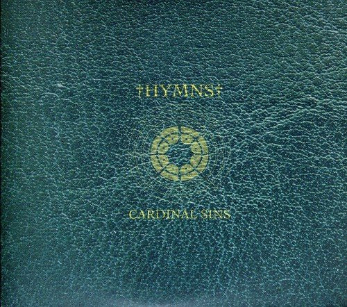 "CD cover with teal leather texture, gold 'Hymns' and 'Cardinal Sins' text, and circular symbol."