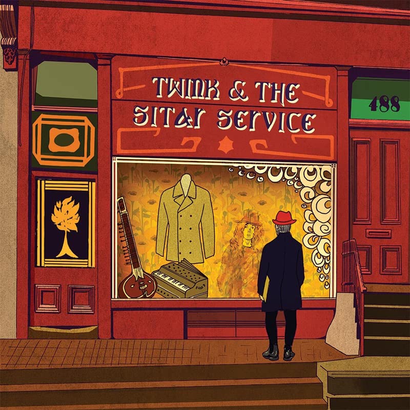 Album cover for “Twink & The Sitar Service” featuring a shopfront illustration.