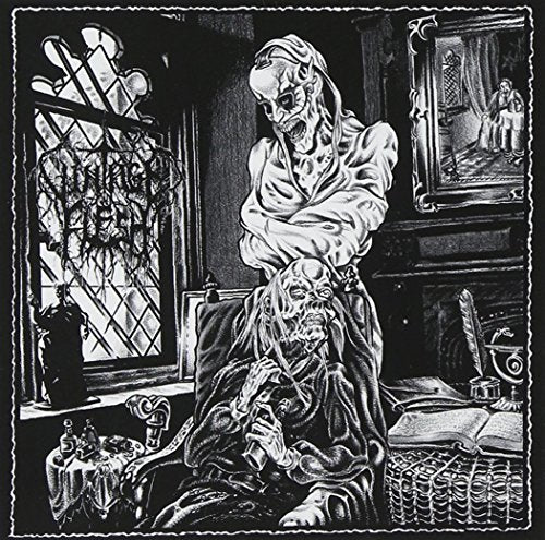 "Black and white illustration of a skeletal figure in a dimly lit, ornate room."